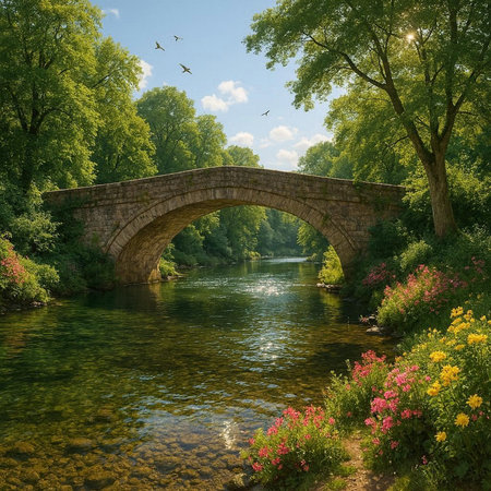 Old stone bridge over the river in the park. Summer landscape.