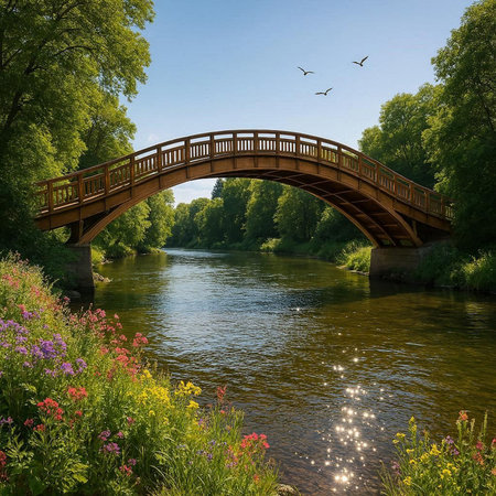 Wooden bridge over the river in the park with flowers and birds