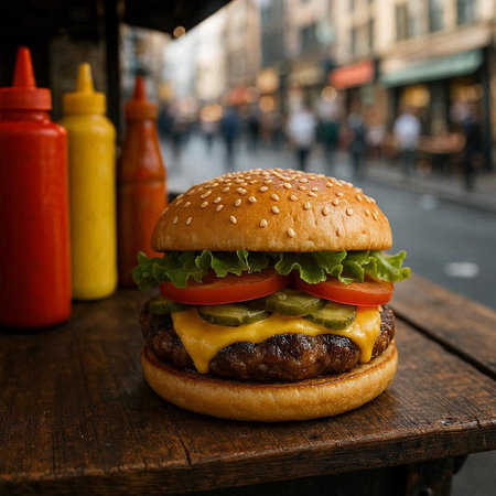 Big tasty cheeseburger on a wooden table in the street.の写真素材