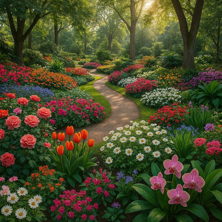 Beautiful spring garden with blooming flowers and path in sunlight.の写真素材