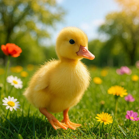 Cute yellow duckling on green grass in spring garden. Easter background