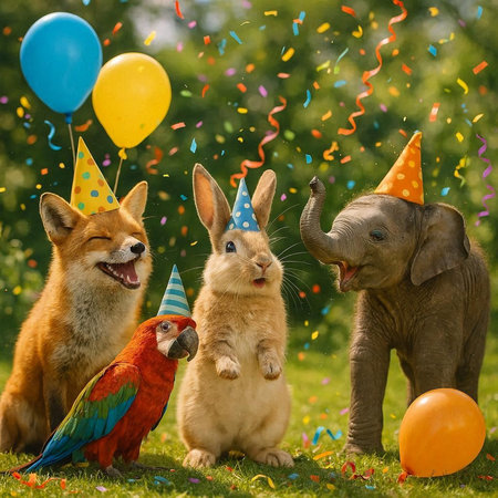 birthday party with animals - fox, rabbit, parrot and elephantの写真素材