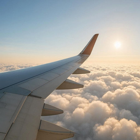 Airplane wing in the blue sky and white clouds at sunrise.