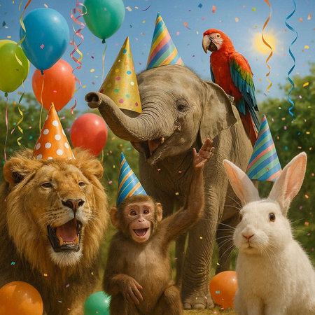 Funny animal birthday party with elephant, lion, monkey and parrotの写真素材