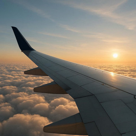 Wing of an airplane flying above the clouds at sunset. 3d render