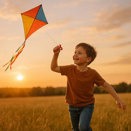 Little boy with a kite in the field at sunset. Happy childhood.の写真素材