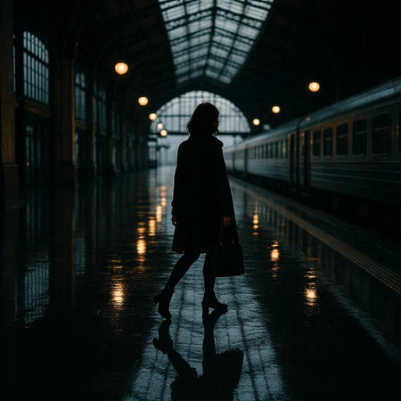 Silhouette of a girl in a long coat with a bag in the subway station
