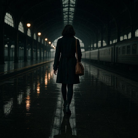 A woman in a long coat is walking in an empty train station.