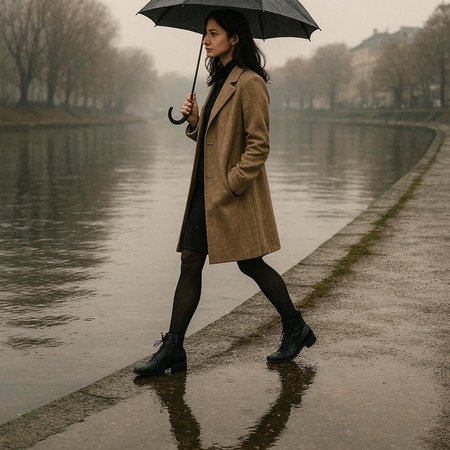 Beautiful young brunette woman in a coat and with an umbrella in the rainの写真素材