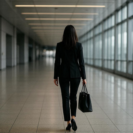 Back view of businesswoman with bag walking in the corridor of the airportの写真素材