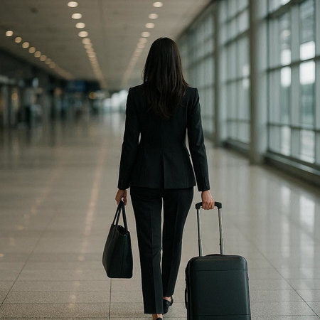 Back view of a businesswoman walking with a suitcase in the airportの写真素材