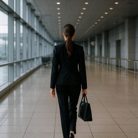 Back view of young businesswoman in suit walking in modern office buildingの写真素材