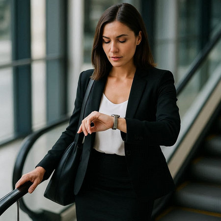 Beautiful business woman in black suit walking down the stairs in officeの写真素材