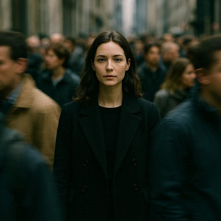 People gather outside a building in a city.の写真素材