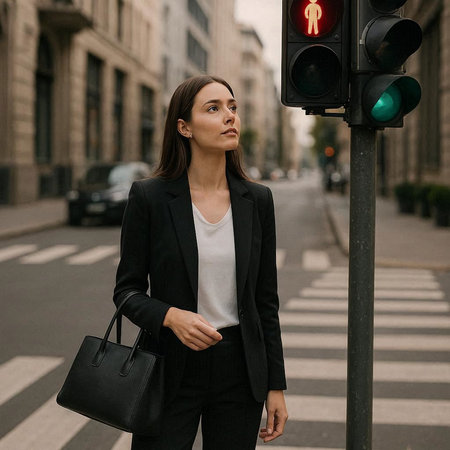 Young businesswoman in a black suit walking on the street with a handbag.の写真素材