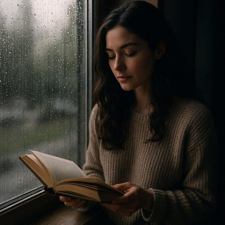 Young woman reading a book on a rainy day by the window.