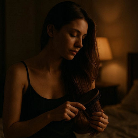 Young woman combing her long brown hair in a dark room.の写真素材