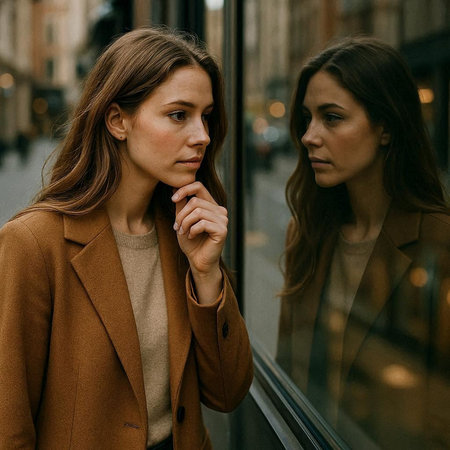 Two beautiful young women in a brown coat standing near the window.