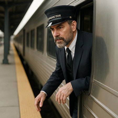 Portrait of a man in a suit and cap at the train station.