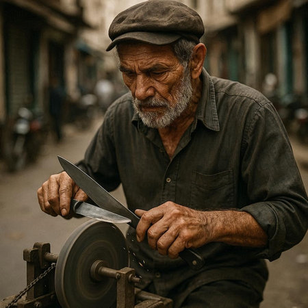 Old man cutting a piece of iron with a sharp blade in the street.の写真素材