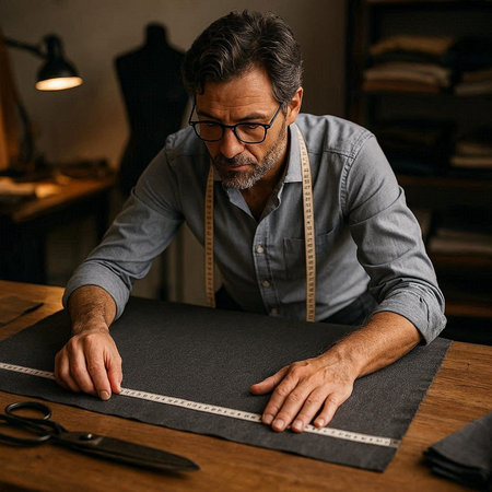 Fashion designer working on a new collection of clothes in his studio