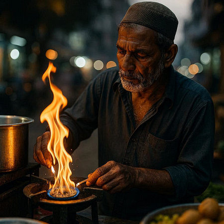 Old indian man lighting a candle at night street market in Delhi, India