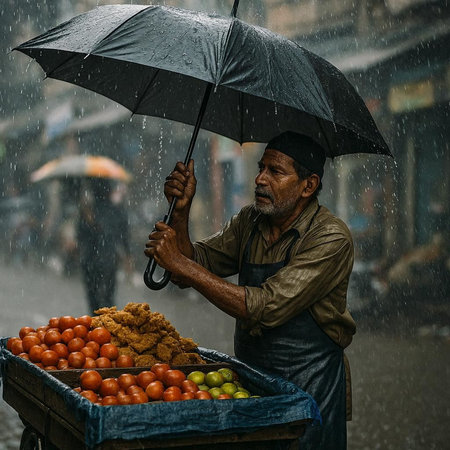 Street vendor with umbrella and fruits in the rain. Sri Lanka.