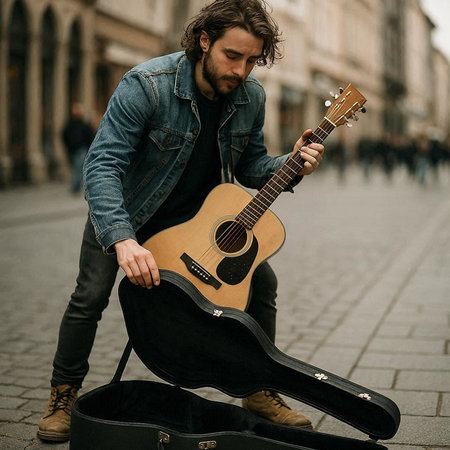 Handsome man with long hair and beard in jeans jacket playing acoustic guitar in the city.