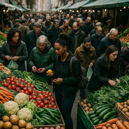 People shopping at the market in Milan. Thousands of people visited the market every year.