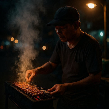 A man in a cap and a black t-shirt is grilling meat on the grill at night.の写真素材