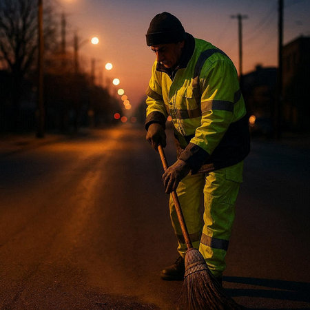 Worker cleans the road with a broom in the city at night