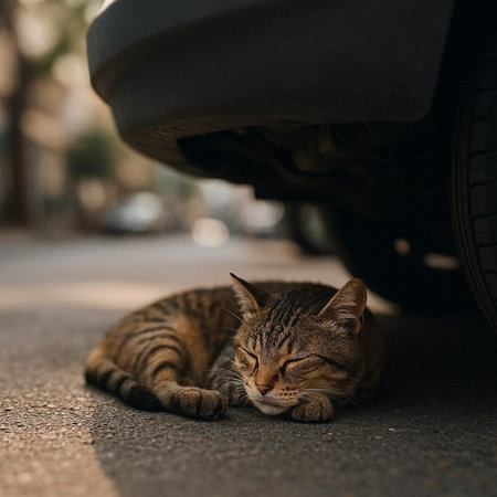 Cute cat sleeping under the car on the street. Pet care concept.