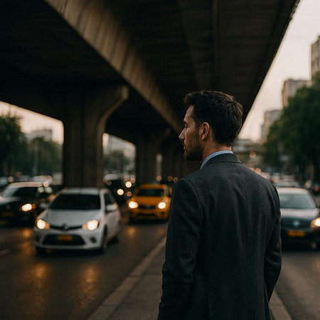 Businessman in a suit walking under a bridge in the city.の写真素材