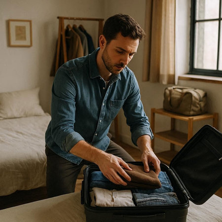 Handsome young man packing clothes in suitcase and preparing for travelの写真素材