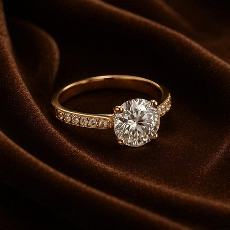 Golden ring with diamonds on the background of satin, closeupの写真素材