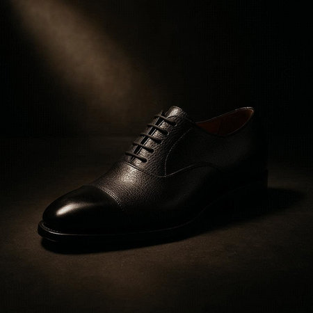 Men's black leather shoes on a dark background with a beam of light