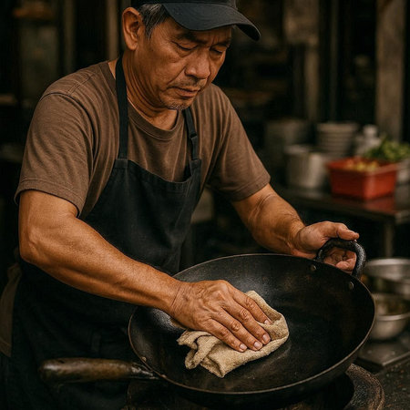 Asian senior man using a rag to clean a wok in a restaurant.の写真素材