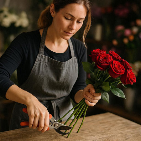 Female florist cutting red roses with scissors in flower shop.の写真素材
