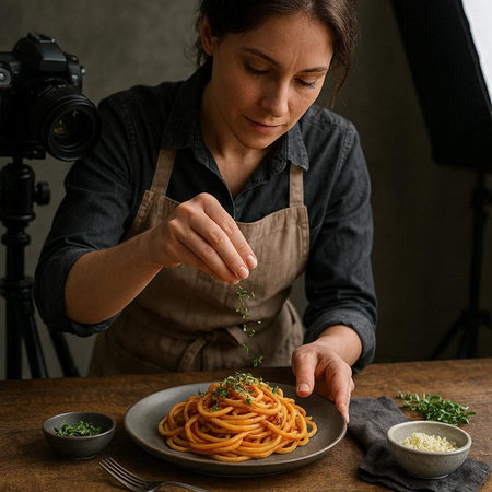 Female chef cooking spaghetti with pesto sauce and thyme in a restaurant kitchenの写真素材