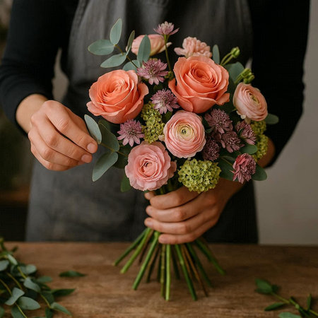 Bouquet of different flowers in the hands of a floristの写真素材