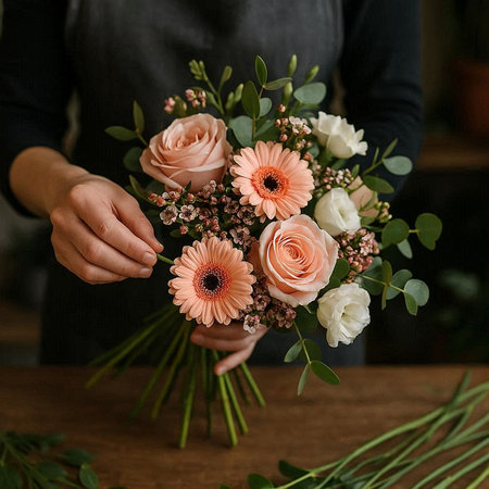 Bouquet of flowers in the hands of a floristの写真素材