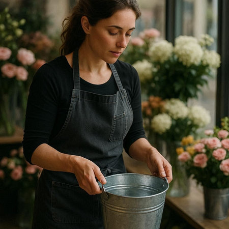 Female florist in apron pours water into a bucket