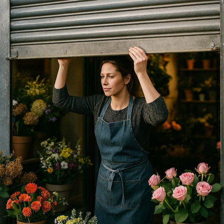 Young woman florist in apron working in flower shop.の写真素材