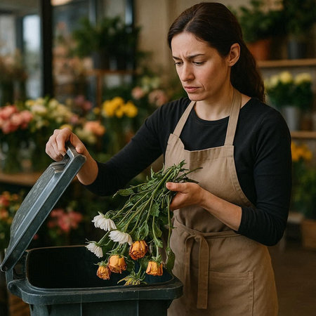 Florist woman in apron working with flowers in a flower shop