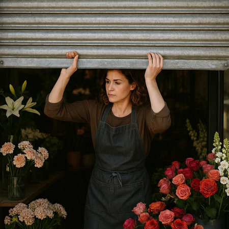 Portrait of a young florist woman in apron at flower shop.の写真素材