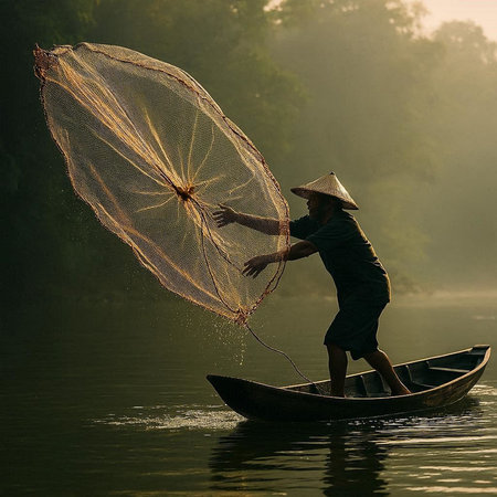 Fisherman in the boat catching fish on the river at sunrise