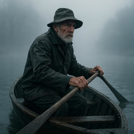 Portrait of an old man in a boat on a foggy lake
