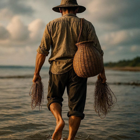 Fisherman walking in the water holding a basket of fish.