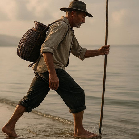 Fisherman walking on the beach with a basket in his handの写真素材