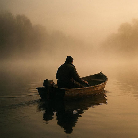 Fisherman in a boat on the river in foggy morningの写真素材